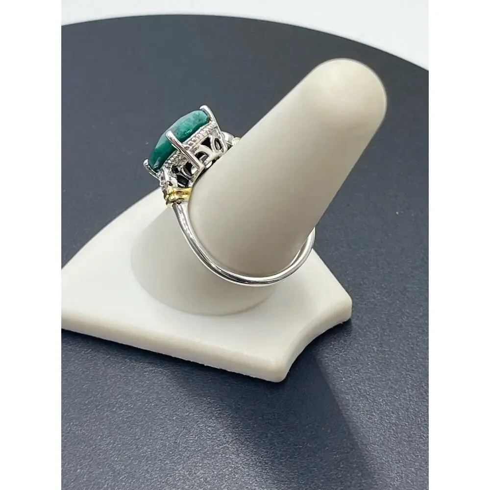 Designer Signed Sterling 925 India YS Natural Green Faceted Prong Beryl Ring‎ 9